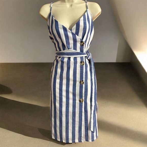 DAVI & DANI Dresses & Skirts - Davi & Dani Blue White Striped Sleeveless Waist Tie Belt Seam Pockets Wrap Dress